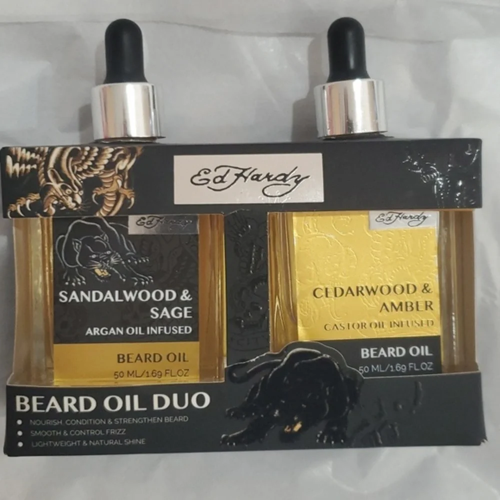 Ed Hardy Sandalwood & Sage Cedarwood‎ & Amber beard oil duo set brand new